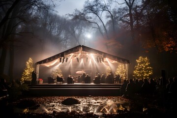 A view of a restaurant in the forest during a foggy night.