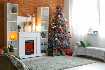 Interior of festive living room with fireplace, wooden deer, Christmas tree and gift boxes