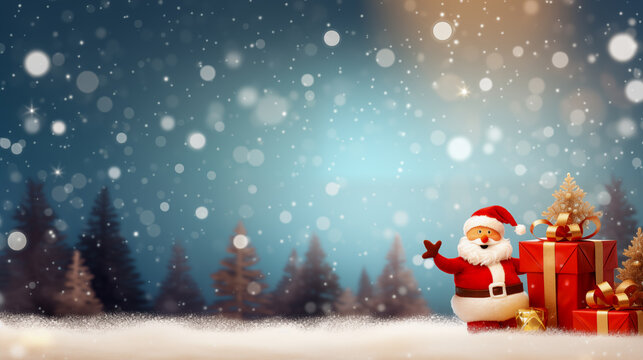 concept christmas holiday, santa caus with gift box on chistmas tree and bokeh background
