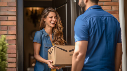 smiling woman customer recieve brown package box parcel from friendly delivery man , logistics business concept