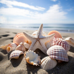 Fototapeta na wymiar Starfish ans seashell on summer sand in summer timeon the coast.Summer holiday concept for travel, vacations, and cards.