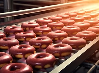 Donuts with glaze on conveyor line, factory of baked goods, preparation fresh bakery, food production working process concept Generative AI