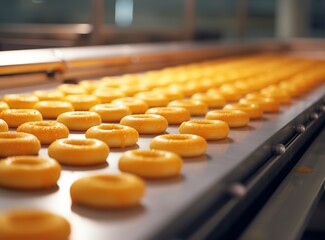 Donuts on conveyor line, factory of baked goods, preparation fresh bakery, food production working process concept Generative AI - obrazy, fototapety, plakaty