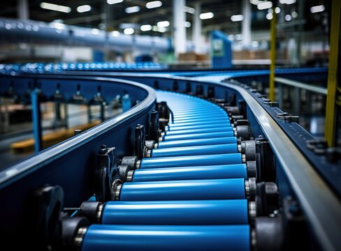 Empty roller conveyor line in production workshop, part of industrial equipment, concept of packaging and delivery Generative AI