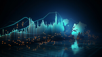 Naklejka premium Financial chart with moving up arrow graph and world map background. Generative AI.