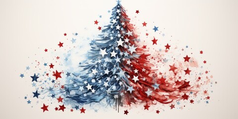 Fototapeta premium Christmas tree in American style. Christmas tree in USA colours illustration. Vertical format for banners, posters, advertising, gift cards. AI generated.