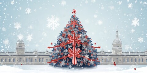 United kingdom Christmas tree. Christmas tree in British colours in British style illustration. Vertical format for banners, posters, advertising, gift cards. AI generated. - obrazy, fototapety, plakaty