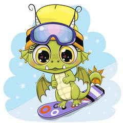 Cartoon Dragon on a snowboard on a blue background - obrazy, fototapety, plakaty