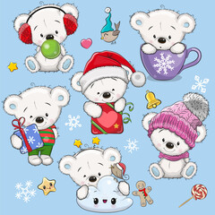 Cute Cartoon White Bears isolated on a blue background