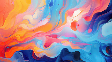Background with liquid colored swirls and dye blends that flows from top to bottom. Fluid art acrylic texture with colorful waves, mixing paint effect. Abstract backdrop with bright blended colors.