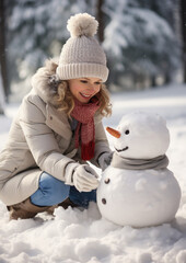 child makes a snowman in winter, childhood, white snow, kid, toddler, childhood, outdoor fun, new year, holidays, christmas, family, walk in the park, hat, warm, smile, joy