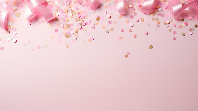 pink background with birthday streamers and confetti