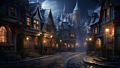 Fairy tale castle in the night. Panoramic view. - obrazy, fototapety, plakaty