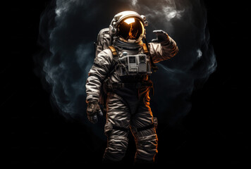 Astronaut stand on space background with stars. Spaceman in spacesuit. Cosmic concept.