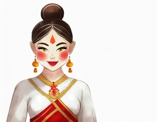 Obraz premium Indian woman in white with red cheek on the white background and text space.