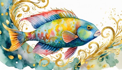 Multicolor watercolor style parrotfish swimming surrounded by gold elements 
