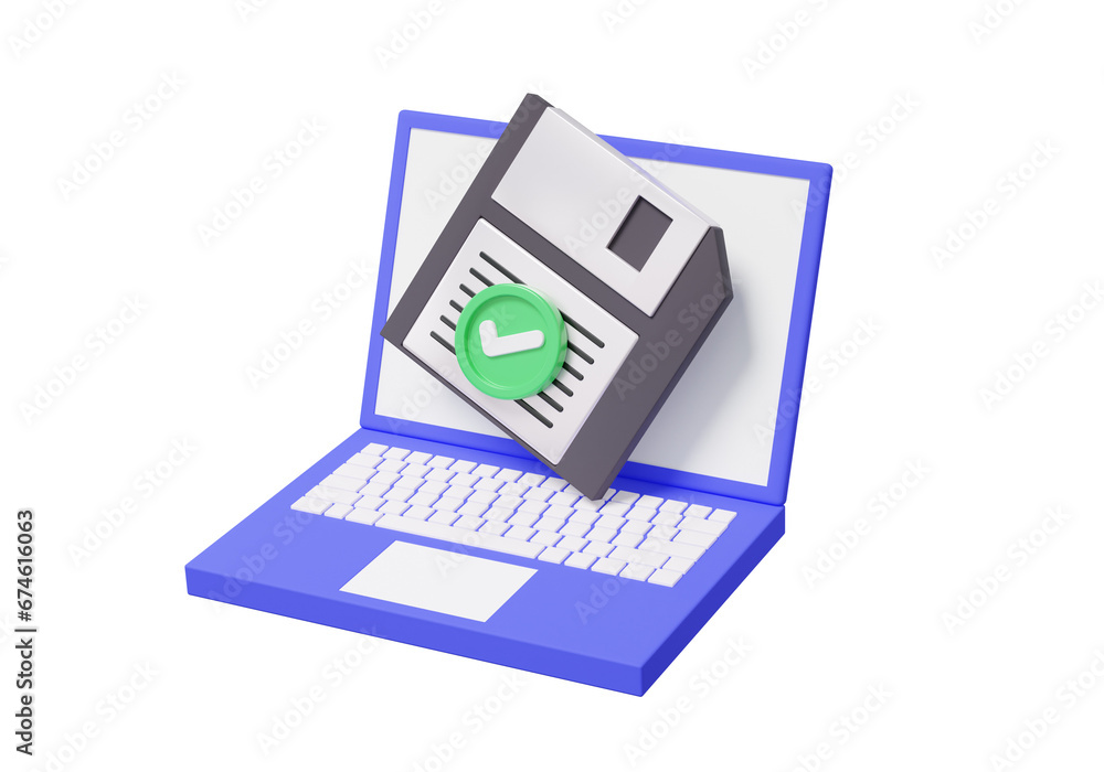 Poster minimal cartoon laptop mark diskette online data storage information technology save files and backu