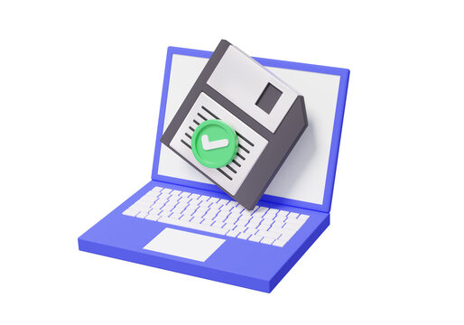 Minimal cartoon laptop mark diskette online data storage information technology save files and backup in computer on isolated background. floppy disk memory digital. 3d render