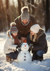 child makes a snowman in winter, childhood, white snow, kid, toddler, childhood, outdoor fun, new year, holidays, christmas, family, walk in the park, parents, together, happy, smile, love, dad, joy