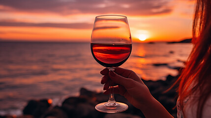 A glass of red wine in the hands of a girl in the rays of the sunset on the seashore. Alcoholic beverage tasting. Beautiful sunset with wine on the beach. Romantic evening aperitif. Generated AI