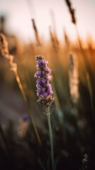 Fototapeta premium Close-up of a lavender stem against a bokeh backdrop, bathed in the warm light of a setting sun.