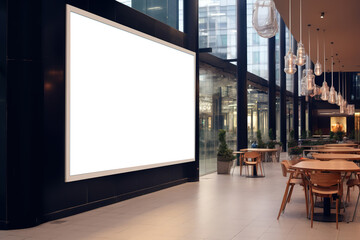 Blank white billboard on wall in cafe interior, inside advertising poster, mock up, concept of marketing communication to promote or sell idea