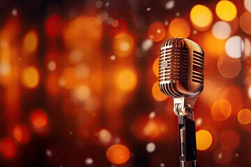Vintage microphone. Classic audio equipment on stage. Retro mic in spotlight. Old fashioned sound technology. Live performance