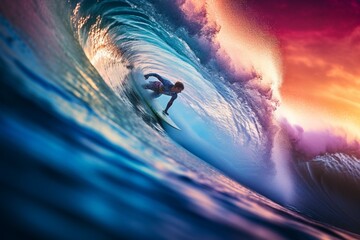 Man surfer catching a big wave at sunset - obrazy, fototapety, plakaty