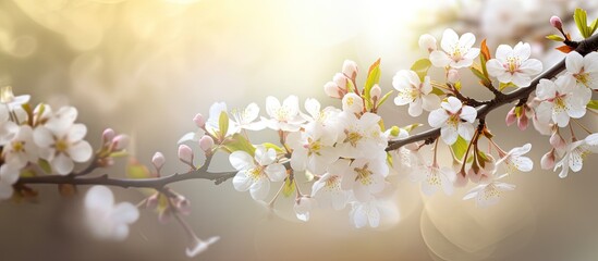 In the beautiful spring garden a cute white cherry blossom tree with delicate branches fills the air with the scent of flowers creating a picturesque bokeh effect making it the perfect wall