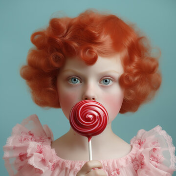 red hair girl with lollipop Christmas vibe, vintage vibe