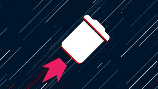 Trash symbol flies through the universe on a jet propulsion. The symbol in the center is shaking due to high speed. Seamless looped 4k animation on dark blue background with stars