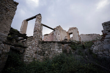 Abandoned Farmhouse in Ruins Amidst Overgrown Greenery with Forest and Mountains in the Background on a Cloudy Day