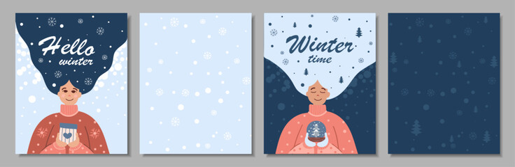 Modern universal art templates. Corporate holiday cards with a person, a gift, Christmas trees, snowflakes and snow. Blue background - obrazy, fototapety, plakaty