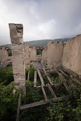 Abandoned Farmhouse in Ruins Amidst Overgrown Greenery with Forest and Mountains in the Background on a Cloudy Day