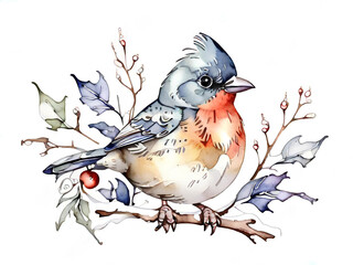 Winter bird on a branch with berries. Watercolor illustration. Great for invitation or greeting cards, posters and banners.