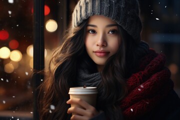 Beautiful Asian Girl Woman Holding a Cup of Coffee Outdoor Snowing Merry Christmas Cold Winter depicting Warmth Waiting for Love and Romance 