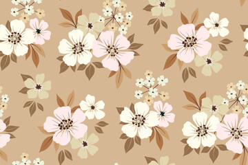Seamless floral pattern, delicate ditsy print in natural beige colors. Botanical design with a folk motif: small hand drawn flowers, leaves, bouquets on a light background. Vector illustration.