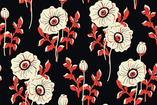 Seamless floral pattern, graphic flower print with wildflowers in black, red, white. Vintage botanical design with large hand drawn poppy flowers, leaves on a dark background. Vector illustration.