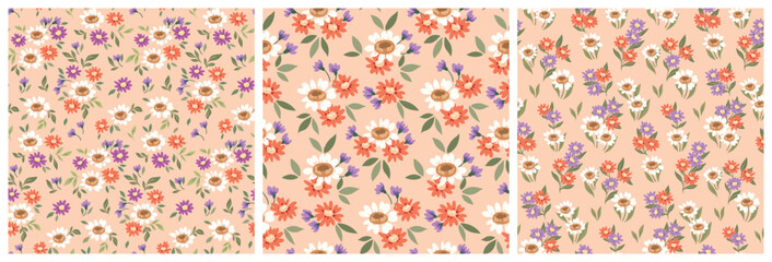 Seamless floral pattern, liberty ditsy print with cute mini flowers in the collection. Romantic botanical design, simple pretty decor: small flowers, tiny leaves, pink background. Vector illustration.