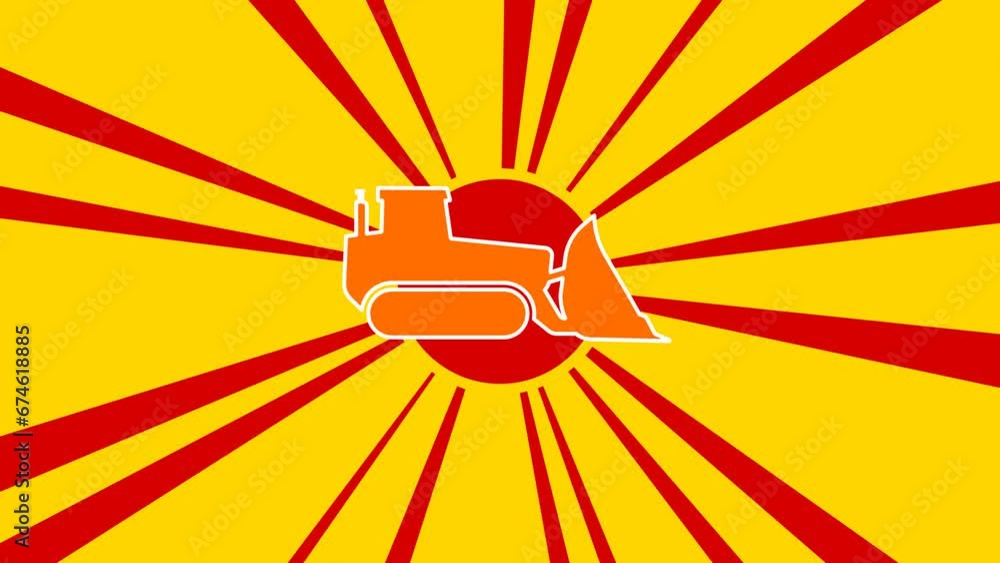 Poster bulldozer symbol on the background of animation from moving rays of the sun. large orange symbol inc