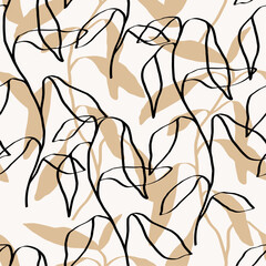 Hand drawn botanical seamless pattern. Trendy ink line art wallpaper. Modern design for paper, cover, fabric, interior decor.