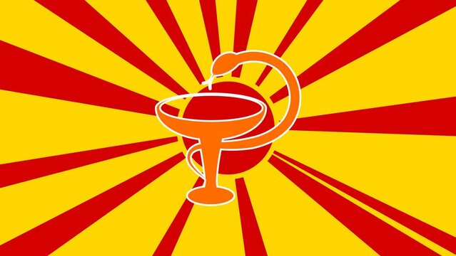 Medicine symbol on the background of animation from moving rays of the sun. Large orange symbol increases slightly. Seamless looped 4k animation on yellow background