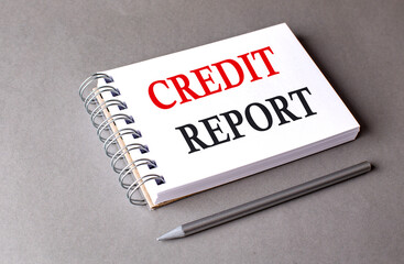 CREDIT REPORT word on notebook on grey background
