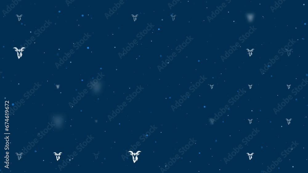 Poster Template animation of evenly spaced goat head symbols of different sizes and opacity. Animation of transparency and size. Seamless looped 4k animation on dark blue background with stars