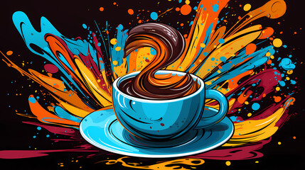 A pop art representation of a splash of coffee, with vibrant, contrasting colors that transform the act of drinking coffee into a dynamic visual experience