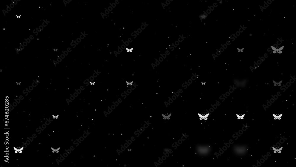 Poster template animation of evenly spaced butterfly symbols of different sizes and opacity. animation of t