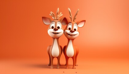 Cheerful Cartoon Reindeer Couple on a Light Orange Solid Background