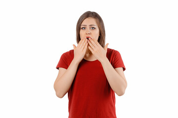 Young brunette woman covering mouth with hands for saying something inappropriate. Silence and...