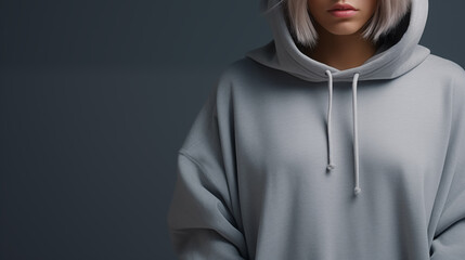 Young beautiful girl in a gray hoodie posing. Warm oversized hoodie with an hood. Stylish trendy hipster bow. Trying on clothes in a store. Youth subculture. Fashion clothing. Generated AI