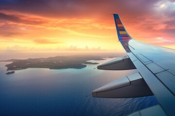 Fototapeta premium Airplane wing flying a jet over a tropical island in the ocean.